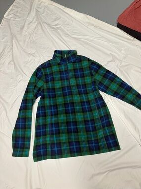 Lands' End Green and Navy Plaid Zip-Up Fleece